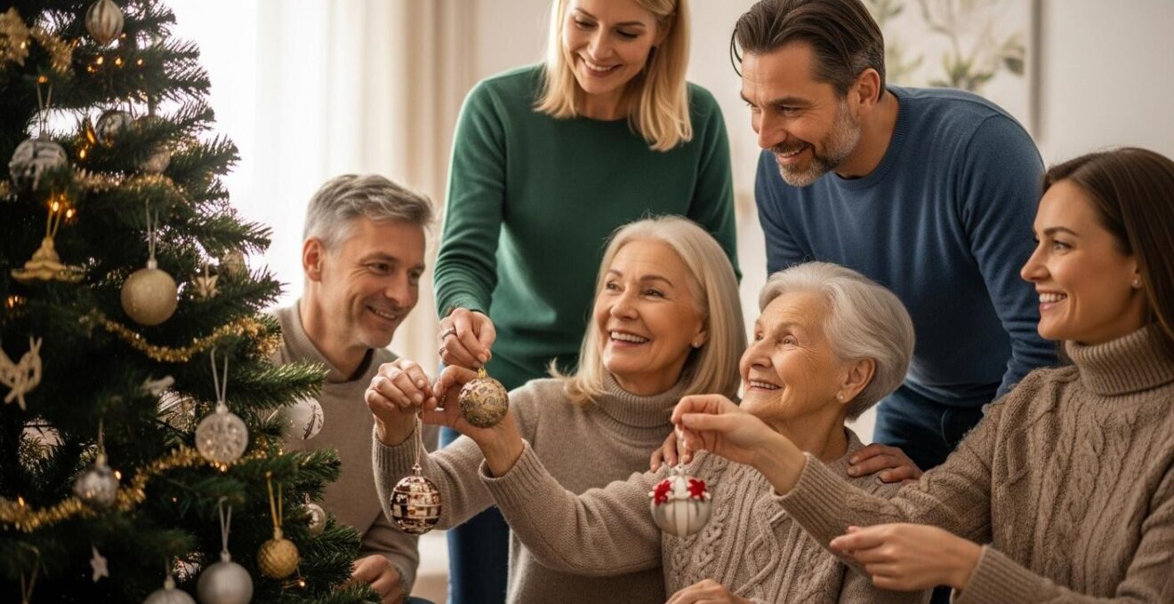 Une famille assemblée autour d'un sapin de Noël magnifiquement décoré dans un salon cosy, lumière naturelle et ambiance chaleureuse