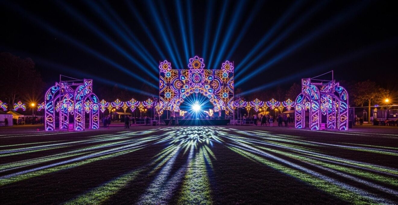 Vue d'ensemble d'une scénographie lumineuse artistique en extérieur avec jeux de lumière colorés et festifs