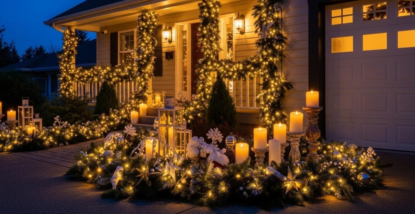 Scénographie lumineuse festive avec guirlandes et décorations de Noël dans une maison chaleureuse