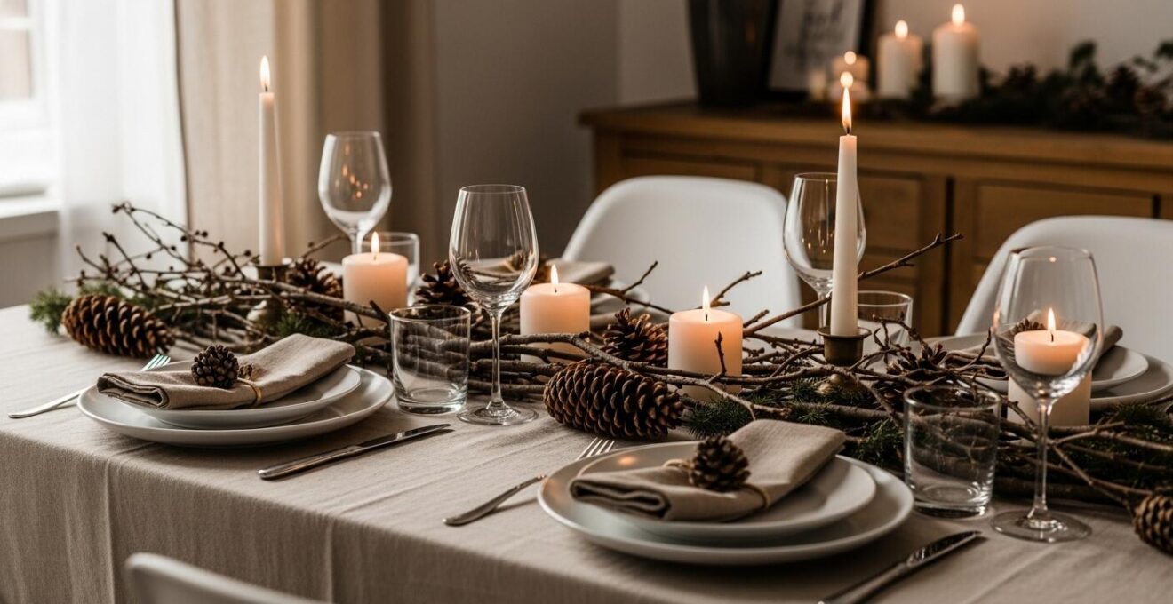 Une table de fête de Noël élégamment dressée avec décorations naturelles et chaleureuses