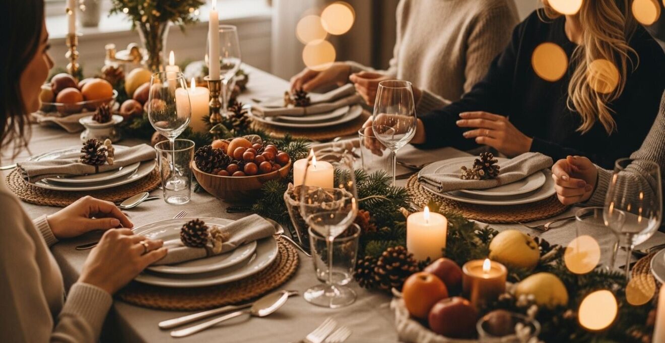 Photo réaliste d'une table de fête de Noël somptueusement dressée, incarnant la générosité et la convivialité avec décorations chaleureuses, bougies et éléments naturels