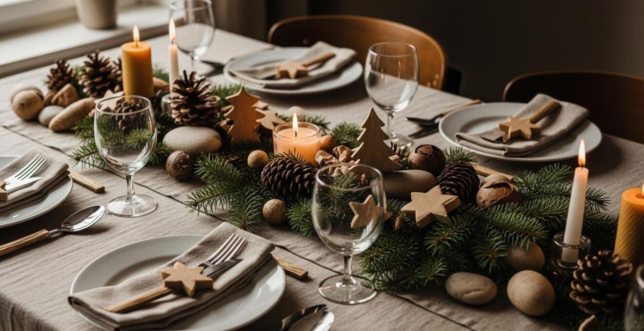 Table de Noël décorée avec des éléments naturels et recyclés en ambiance chaleureuse sans texte visible