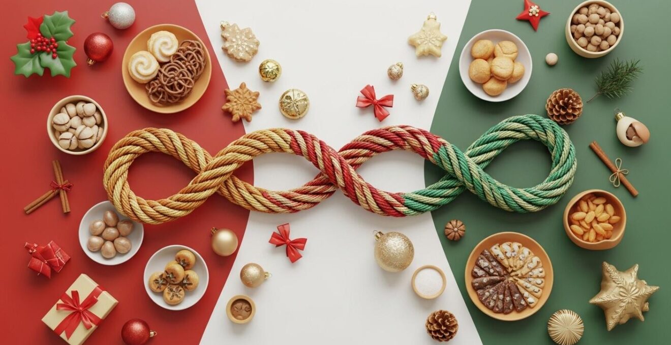 Représentation symbolique de la fusion des traditions de Noël dans une famille recomposée, montrant des éléments culturels et festifs distincts réunis harmonieusement.
