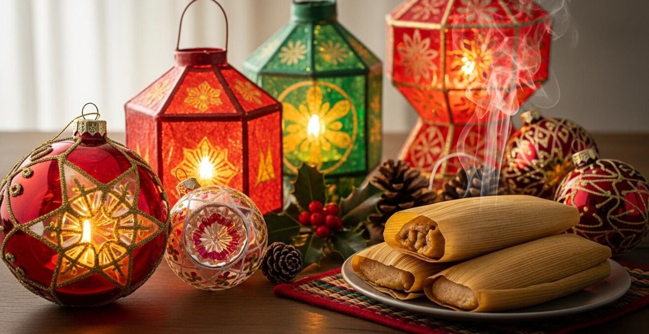Scène colorée et festive représentant des célébrations de Noël multiculturelles avec des symboles de différents pays