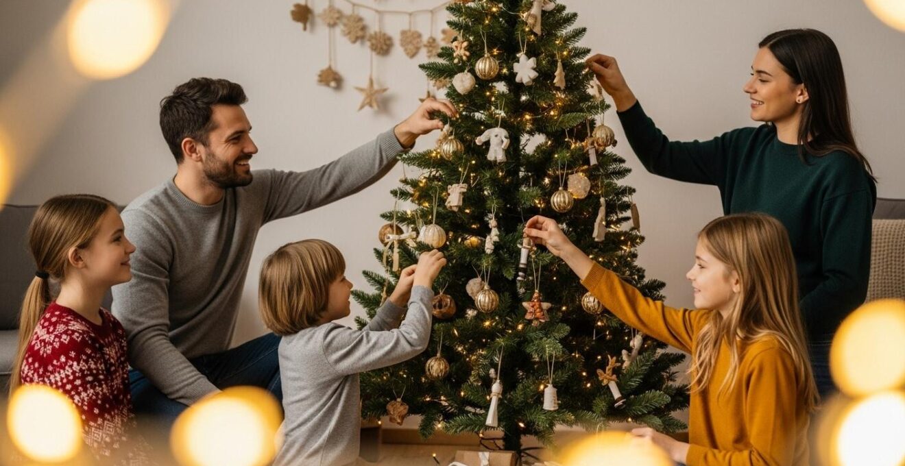 Une famille décorant ensemble un sapin de Noël, ambiance chaleureuse et conviviale, décorations variées et naturelles