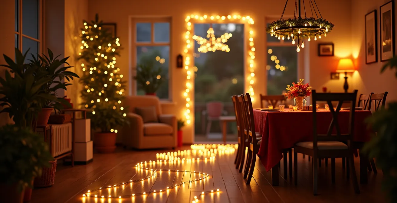 Illustration artistique montrant diverses utilisations créatives de guirlandes lumineuses dans une maison pour Noël, incluant chemin lumineux, ombres chinoises et lustre suspendu