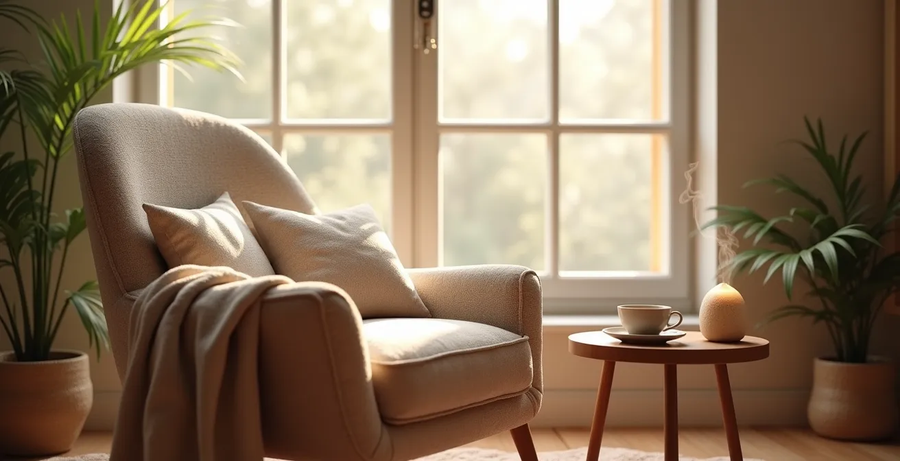 Coin lecture cosy près d’une fenêtre avec fauteuil confortable et lumière chaude