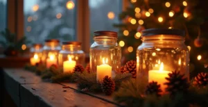 Photophore de Noël illuminé dans une ambiance chaleureuse de soirée festive avec décorations traditionnelles