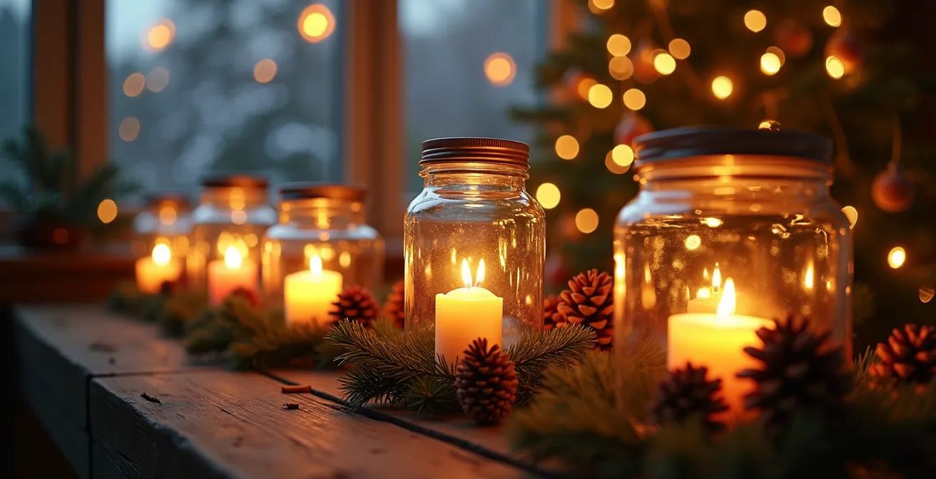 Photophore de Noël illuminé dans une ambiance chaleureuse de soirée festive avec décorations traditionnelles