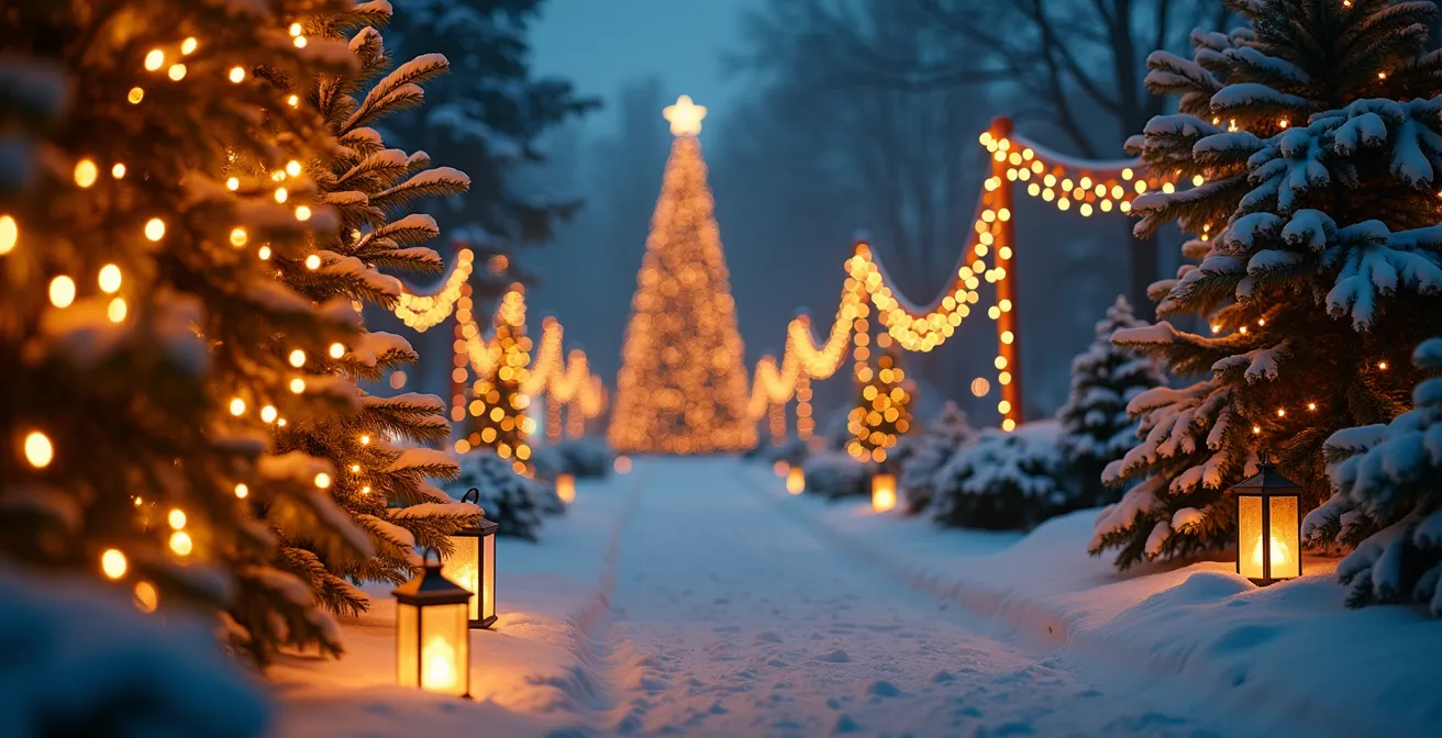 Scénographie lumineuse festive de Noël avec guirlandes LED blanc chaud et blanc froid dans un décor extérieur et sapin décoré scintillant