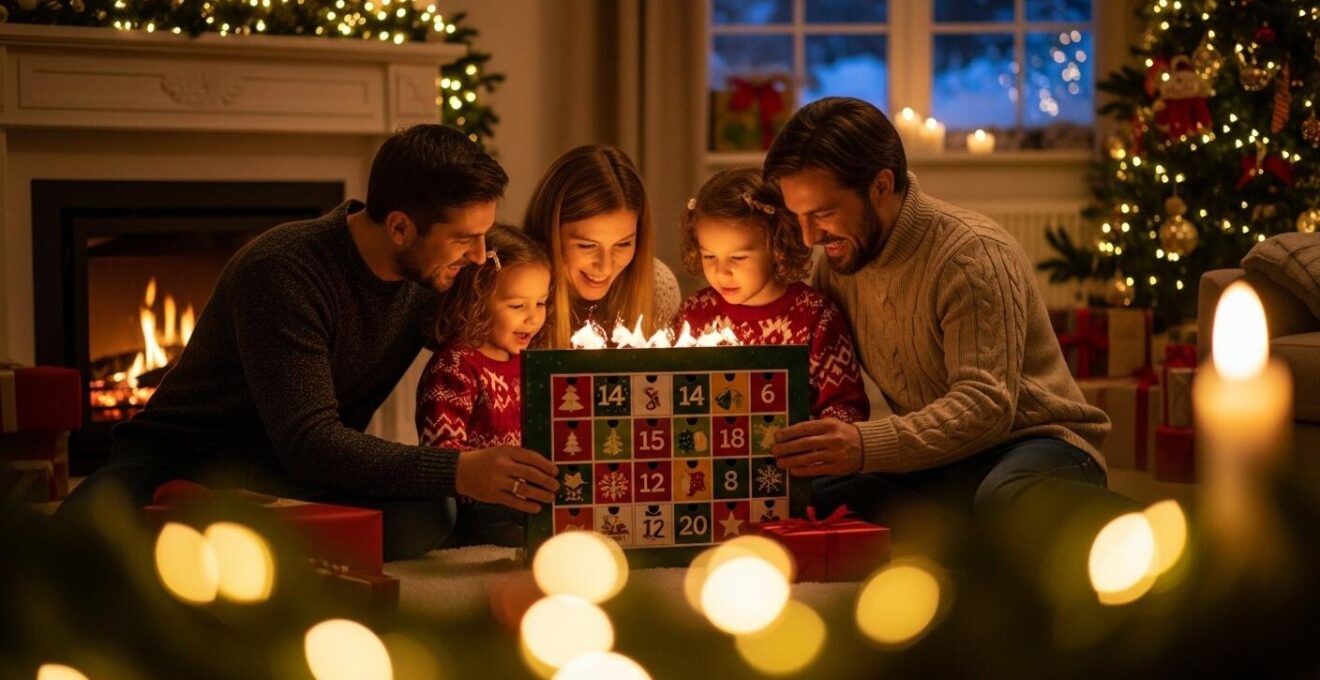 Une famille réunie autour d'un calendrier de l'Avent décoré, dans une ambiance chaleureuse et festive
