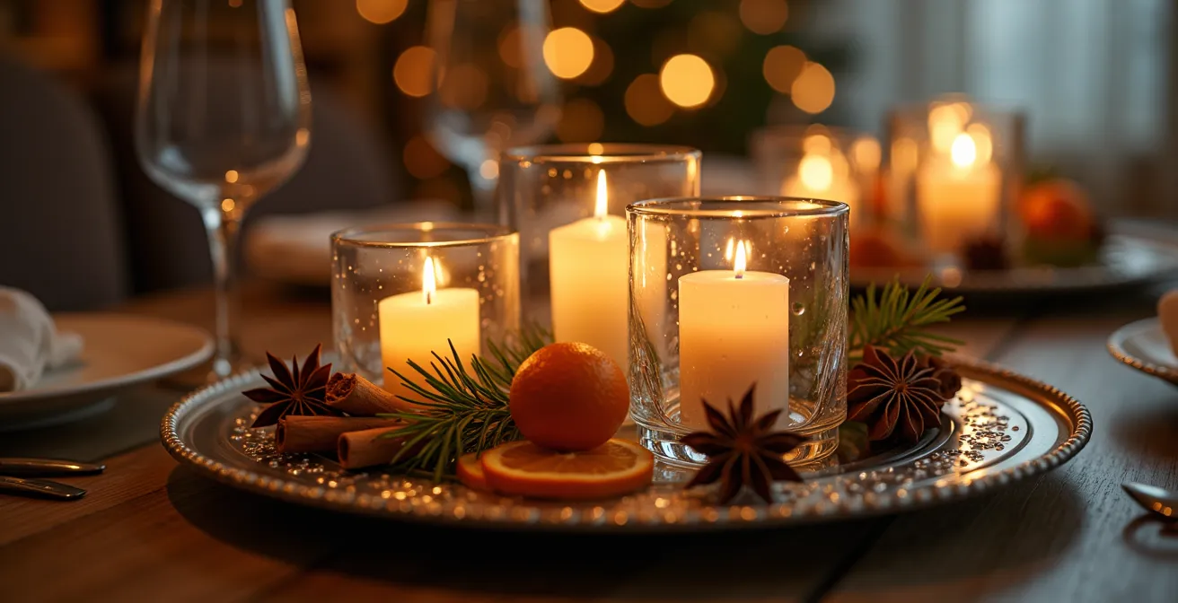 Centre de table de Noël composé de photophores variés posés sur un miroir avec des épices et éléments naturels