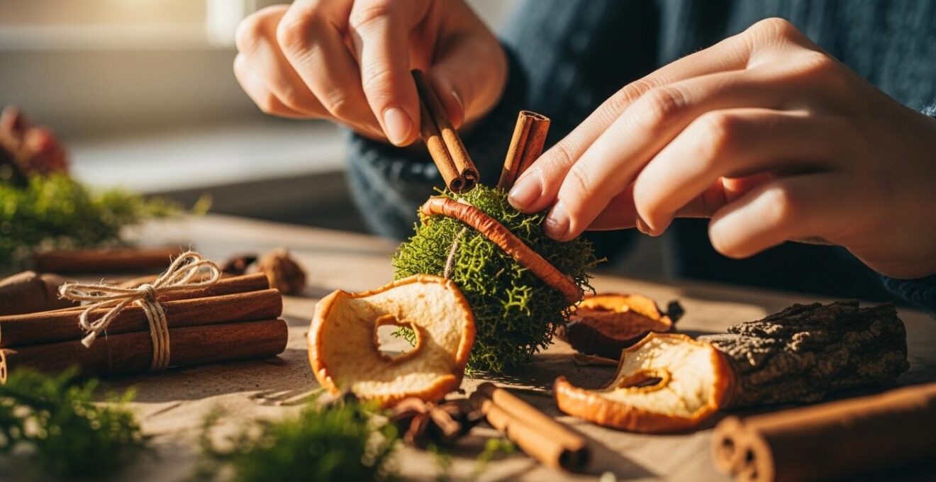 Décoration de Noël simple et naturelle avec objets du quotidien transformés, cannelle, pommes d’ambre, mousse et bois brut