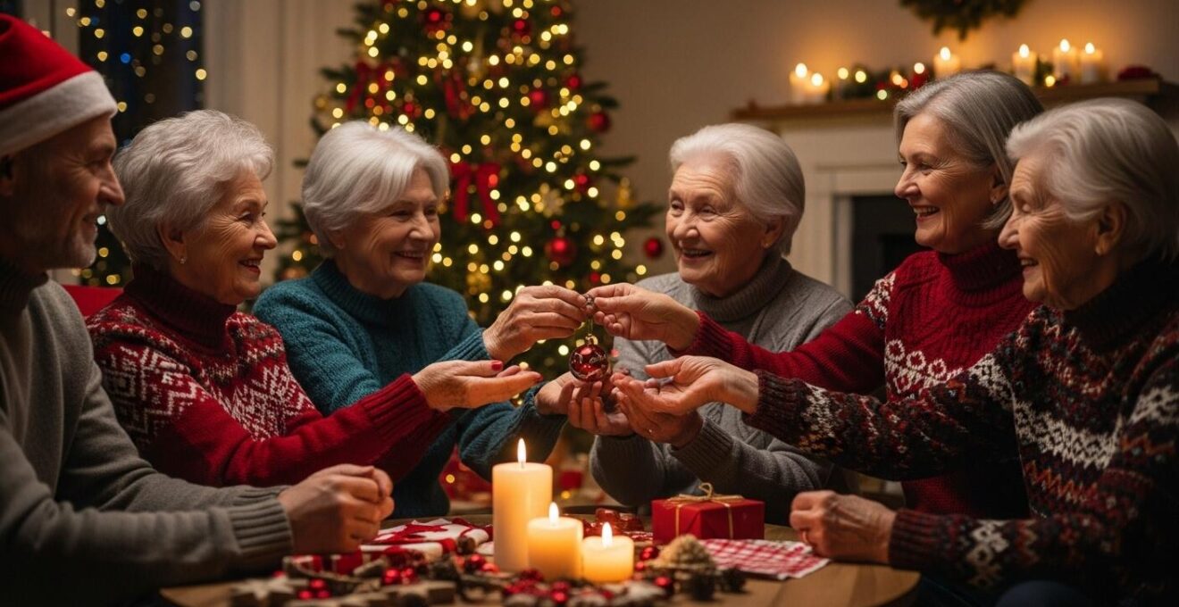 Réunion familiale chaleureuse autour d'un sapin de Noël décoré, symbolisant la transmission des souvenirs et traditions entre générations