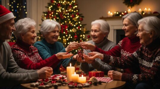 Réunion familiale chaleureuse autour d'un sapin de Noël décoré, symbolisant la transmission des souvenirs et traditions entre générations
