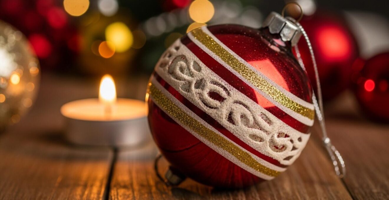 Vieille décoration de Noël ancienne avec traces d'usure, symbolisant l'histoire familiale et les Noëls passés