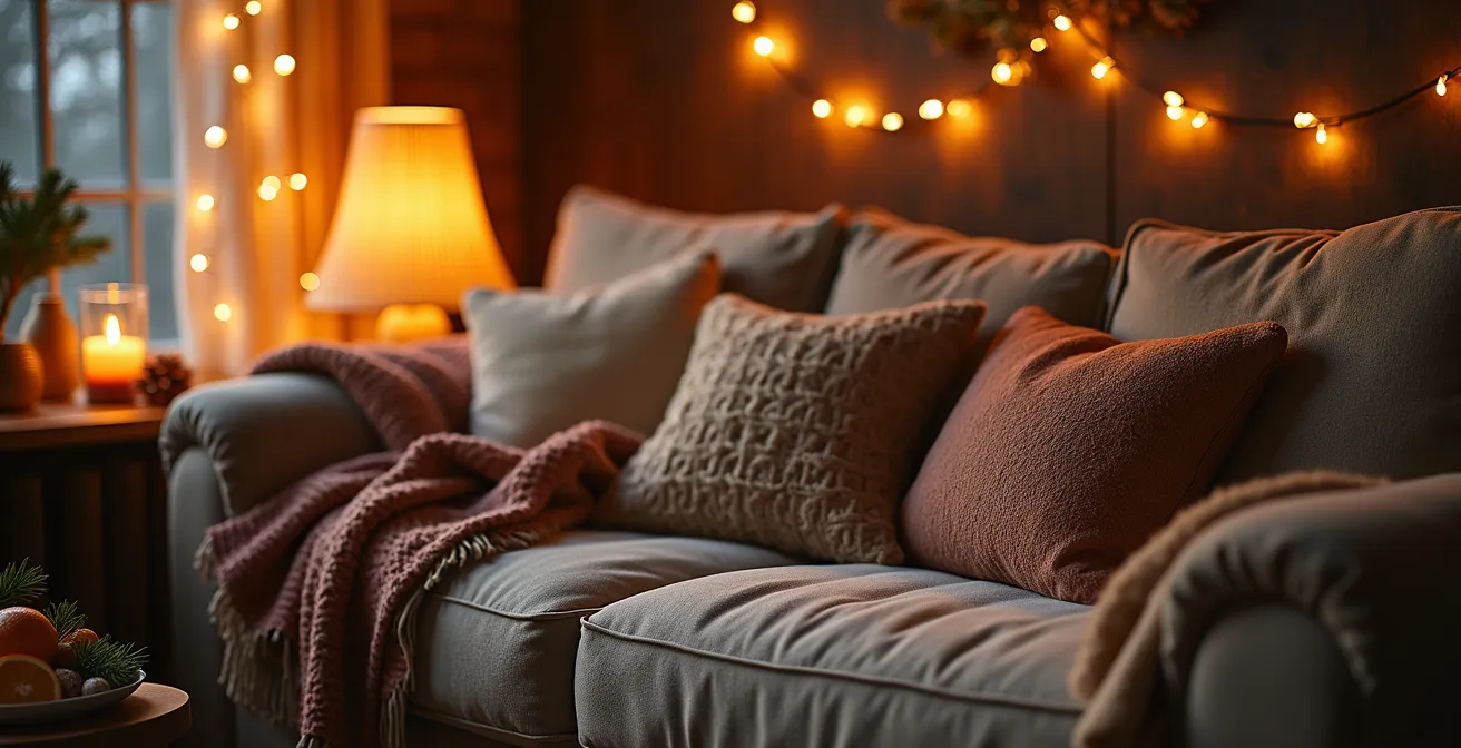 Intérieur chaleureux et cocooning en hiver avec canapé moelleux, plaids, lumières tamisées et décorations naturelles