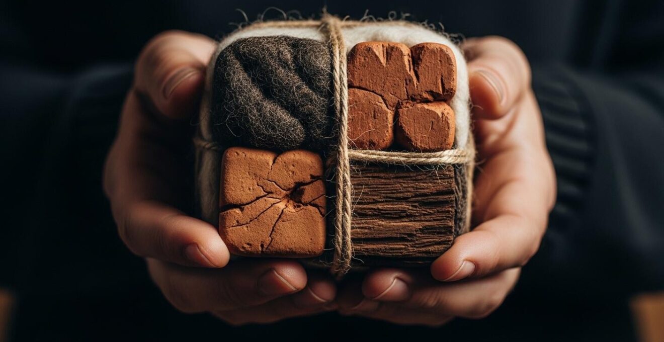 Mains tenant un cadeau artisanal avec des textures visibles de terre cuite, bois et laine, illustrant le langage symbolique des matériaux