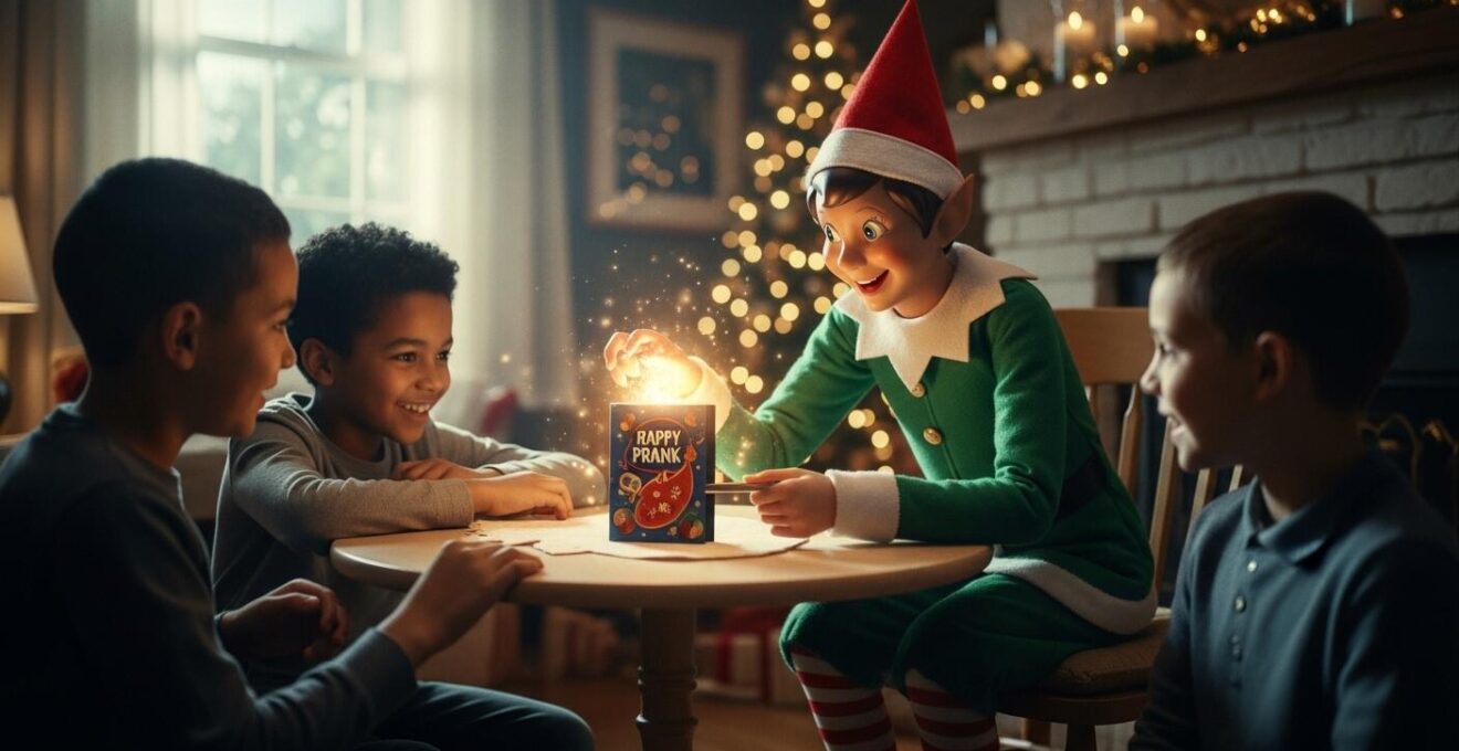 Un lutin farceur souriant déployant son kit magique de farces dans une maison décorée pour Noël avec des enfants curieux observant.