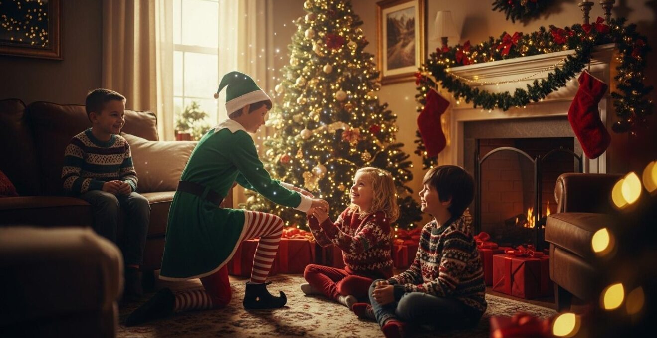 Une scène chaleureuse et magique représentant un lutin farceur espiègle entouré d'enfants émerveillés dans un décor de Noël féerique avec des guirlandes lumineuses et un sapin décoré.