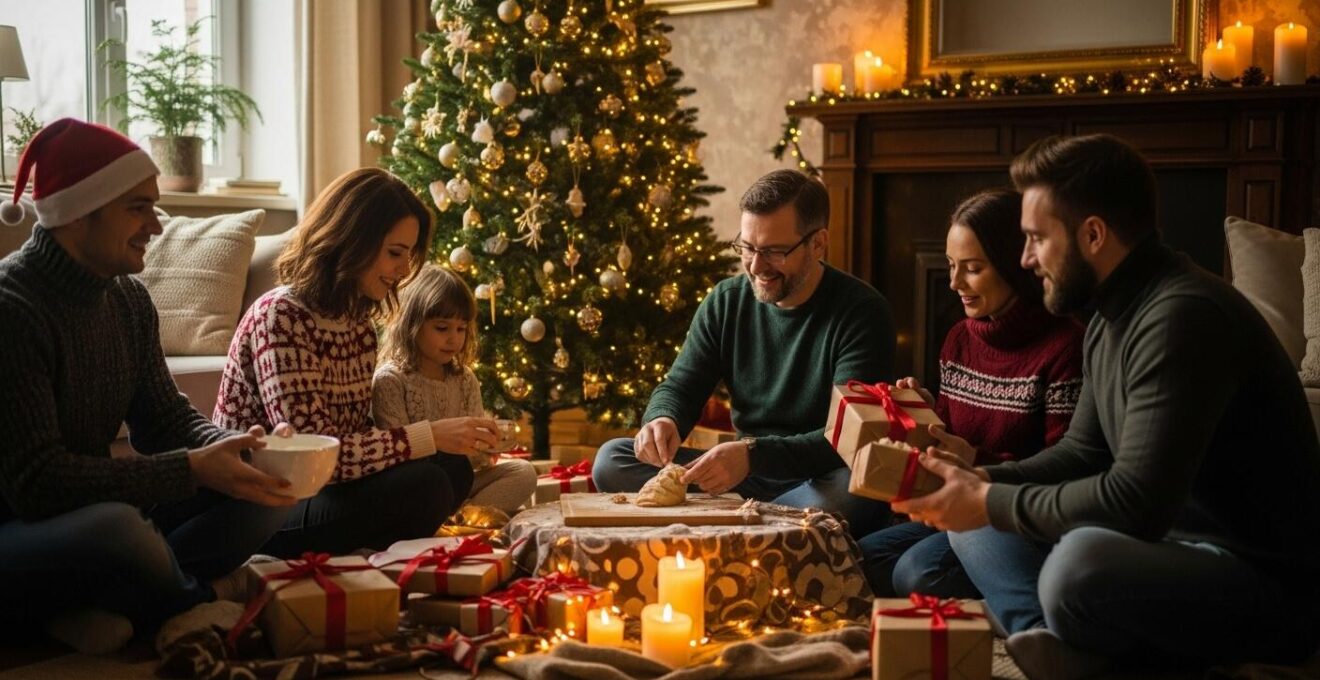 Une famille réunie autour d'un sapin de Noël illuminé dans un salon chaleureux avec des décorations traditionnelles, symbolisant la magie et les rituels de Noël