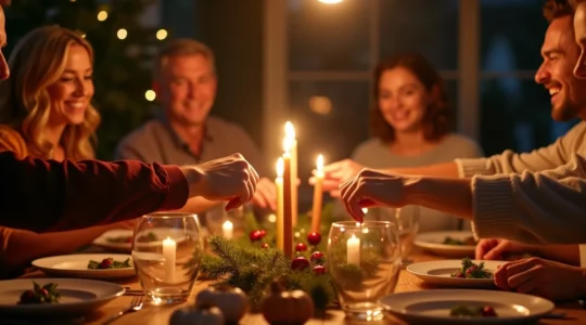 Réunion chaleureuse d'une famille autour d'une table de Noël, lumière tamisée, échanges joyeux et décorations festives