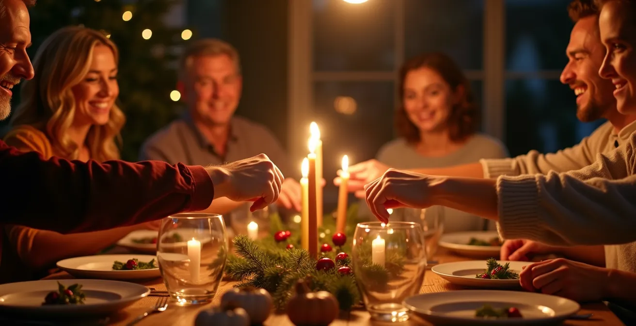 Réunion chaleureuse d'une famille autour d'une table de Noël, lumière tamisée, échanges joyeux et décorations festives