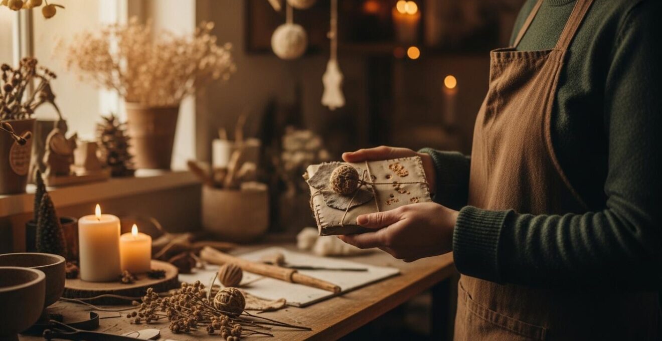 Une scène chaleureuse d'un Noël artisanal avec un artisan tenant un objet imparfait mais beau dans un atelier éclairé à la lumière douce des bougies