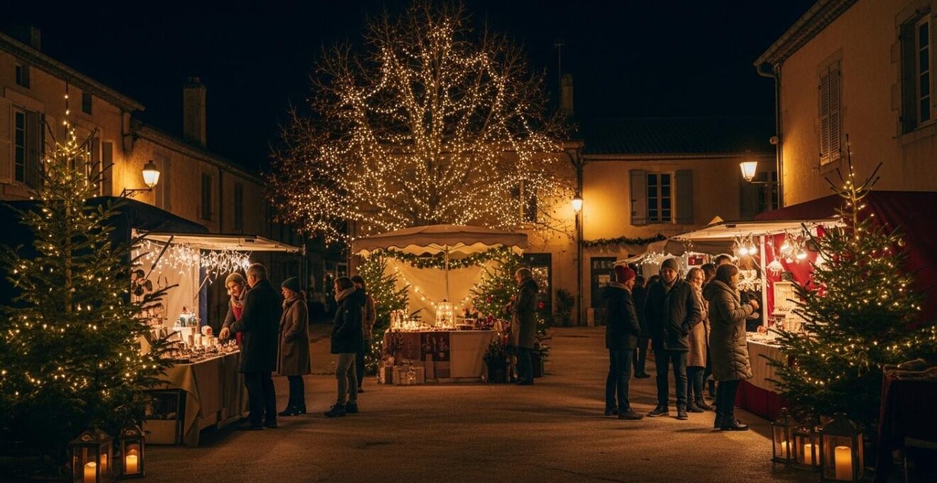 Vue chaleureuse et festive d'une place de village illuminée pour Noël, avec des guirlandes scintillantes, un sapin décoré et des marchés artisanaux animés