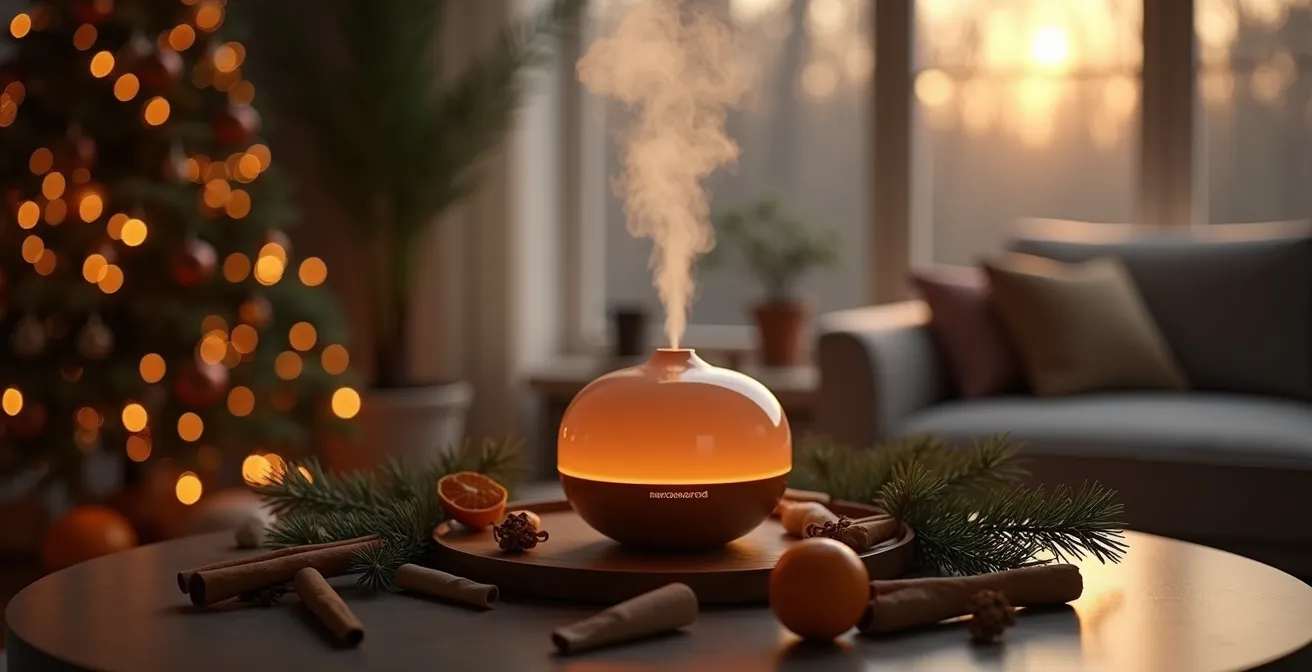 Diffuseur olfactif élégant dans un salon chaleureux avec éléments naturels d’hiver