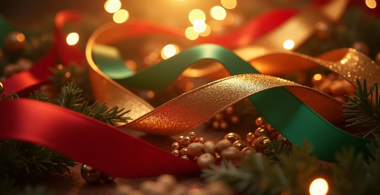 Composition symbolique des couleurs traditionnelles de Noël rouge, vert et or avec ambiance chaleureuse et lumineuse