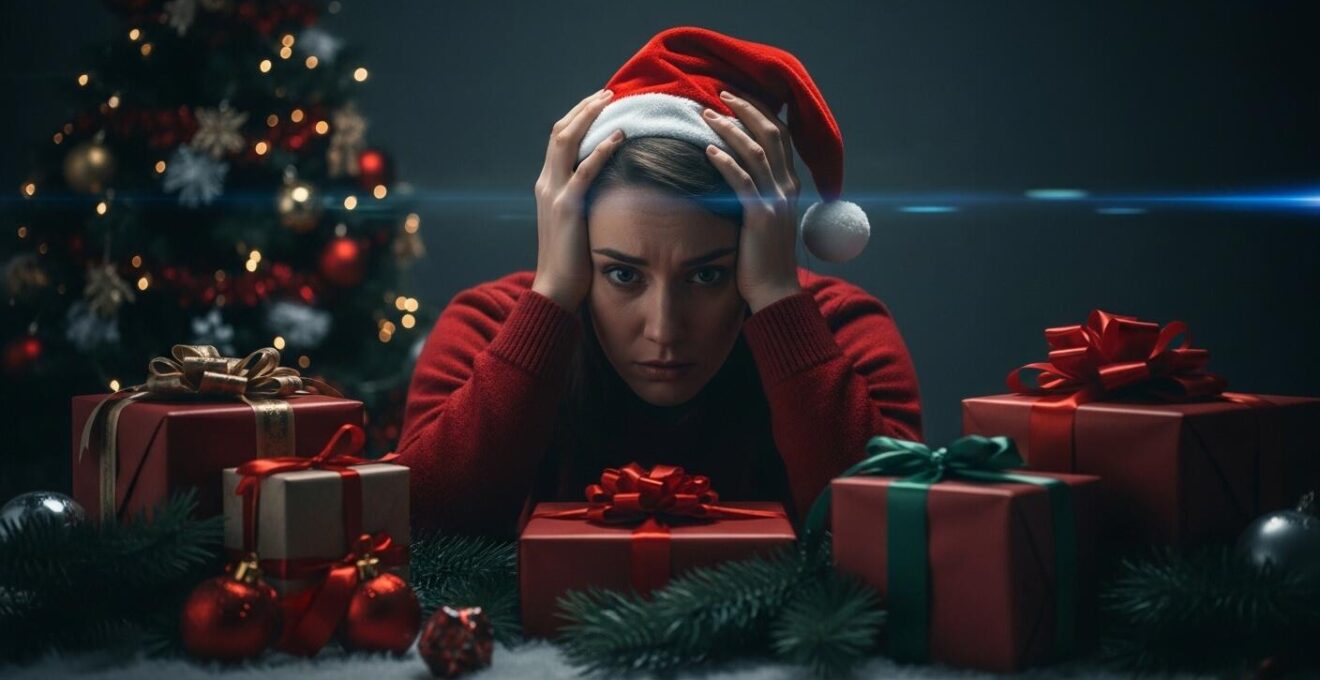 Personne stressée entourée de décorations de Noël et de cadeaux sous pression sociale, avec un visage anxieux montrant la rigidité rituelle
