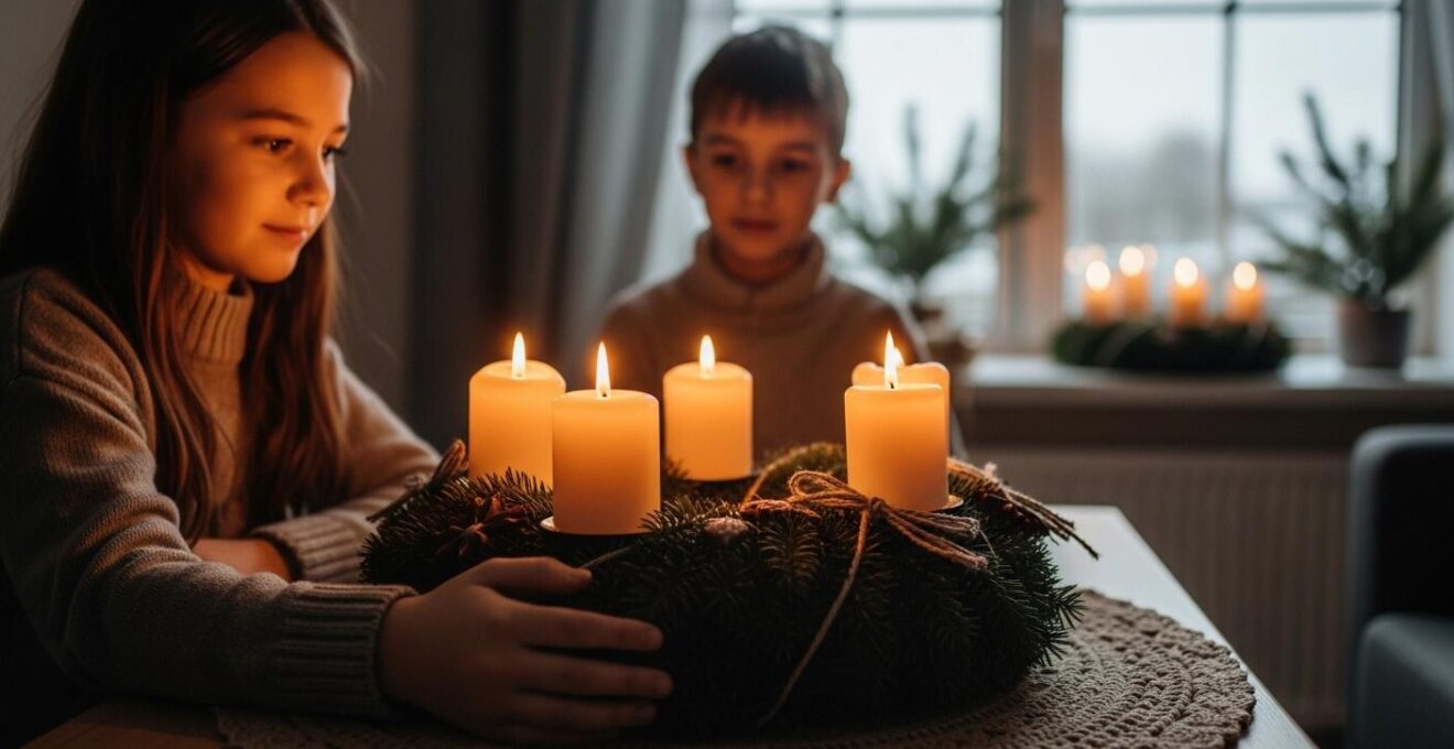 Couronne de l'Avent avec quatre bougies allumées, ambiance chaleureuse et familiale en hiver