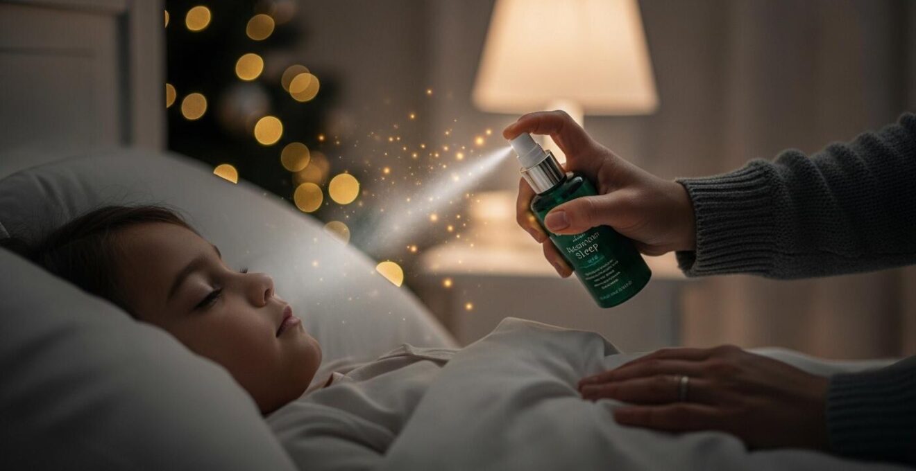 Un parent verse délicatement un spray magique sur l'oreiller d'un enfant endormi dans une chambre décorée pour Noël, avec une atmosphère douce et apaisante.