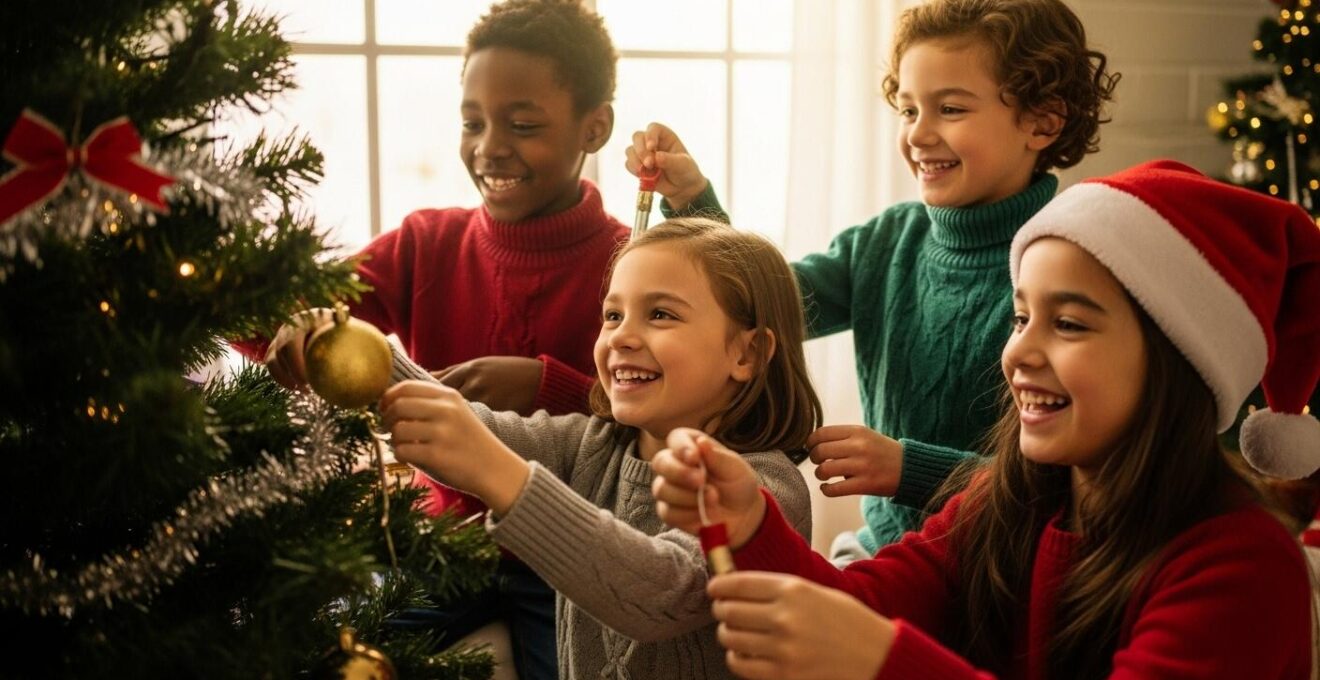 Enfants heureux décorant ensemble un sapin de Noël, impliqués activement dans la création d'une tradition familiale joyeuse et affective