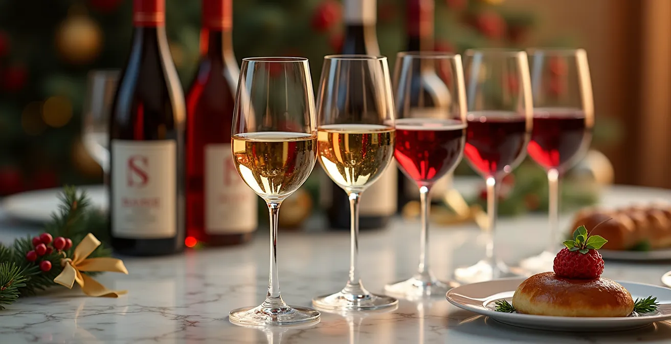Verres de vin disposés élégamment sur une table de Noël avec différents plats festifs