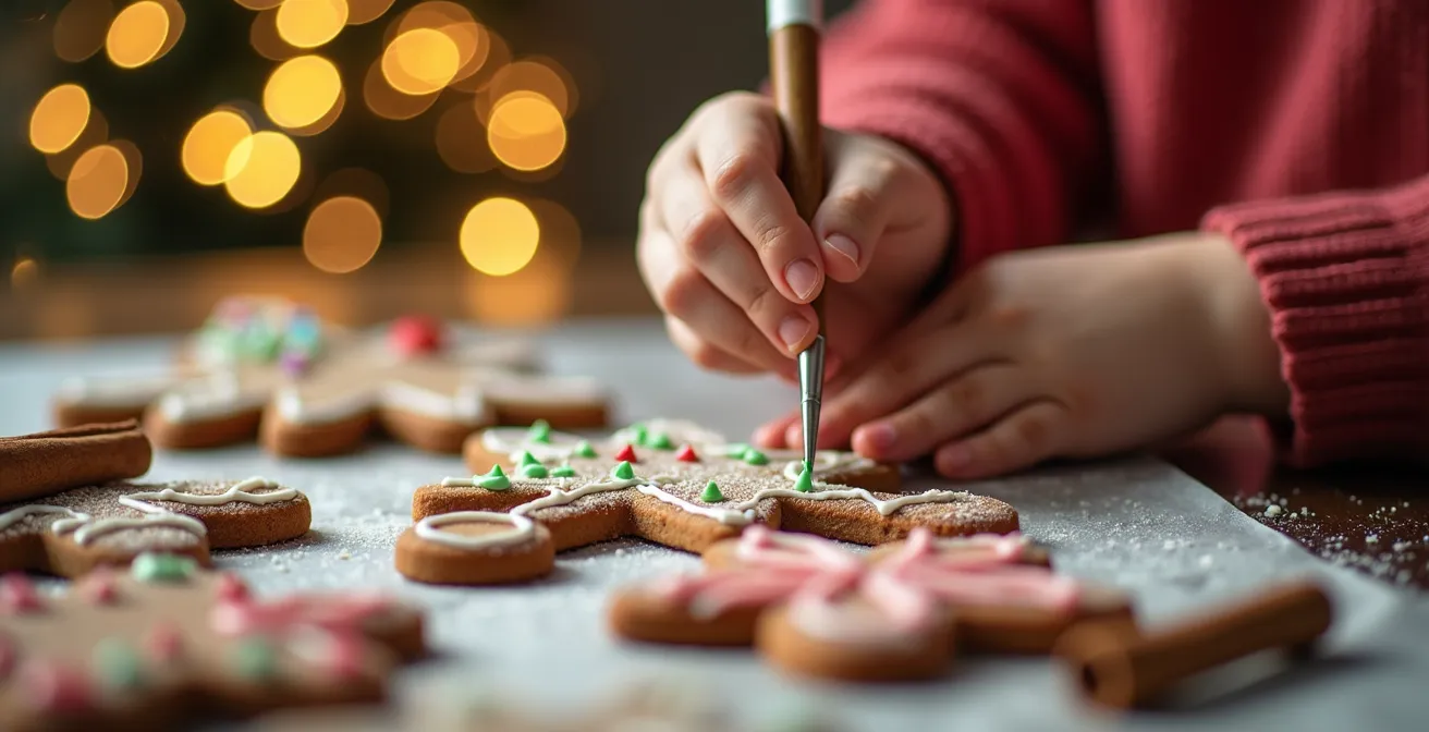 Enfants décorant des biscuits de Noël avec glaçage coloré dans une cuisine festive