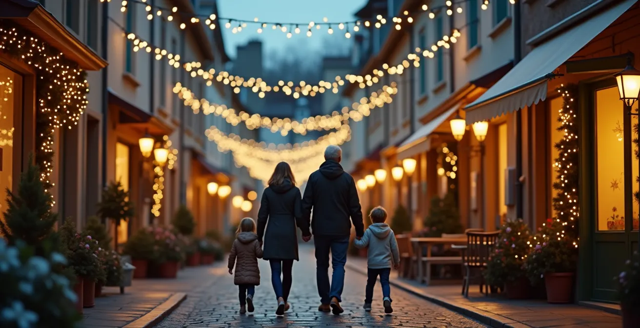 Famille de trois générations marchant ensemble dans une rue française illuminée pour Noël