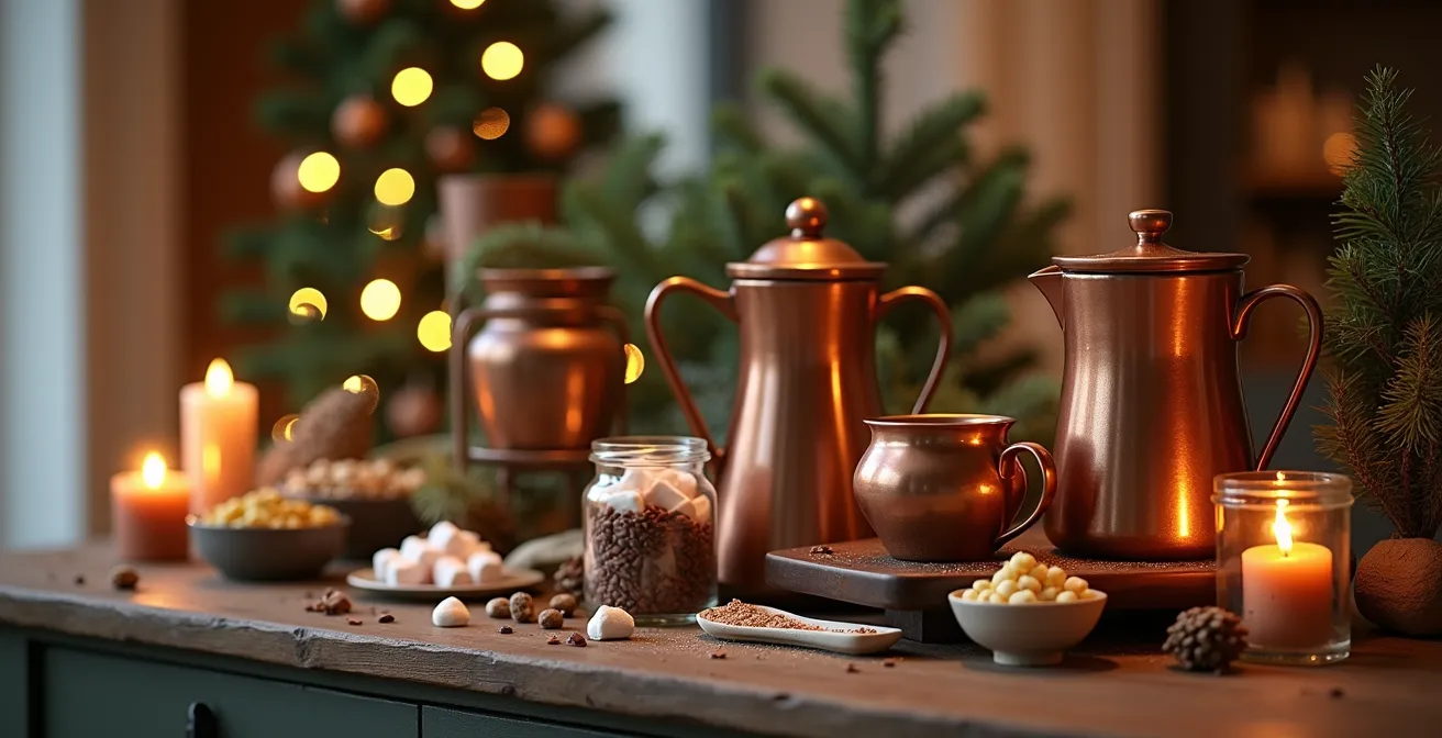 Station de bar à boissons chaudes avec thermos élégants et garnitures festives