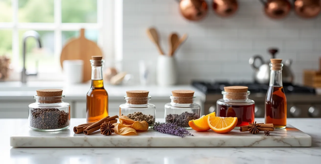 Bar à chocolat chaud avec épices françaises et agrumes séchés disposés élégamment