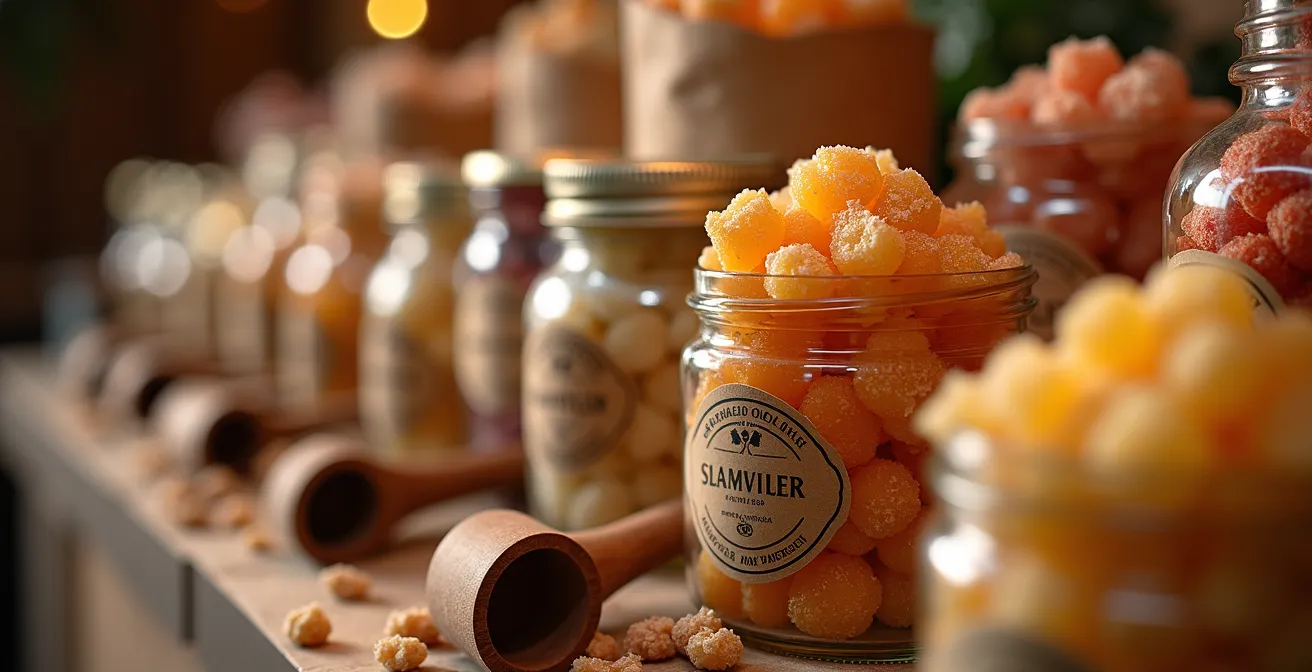 Bar à confiseries artisanal avec bocaux en verre remplis de spécialités françaises de Noël