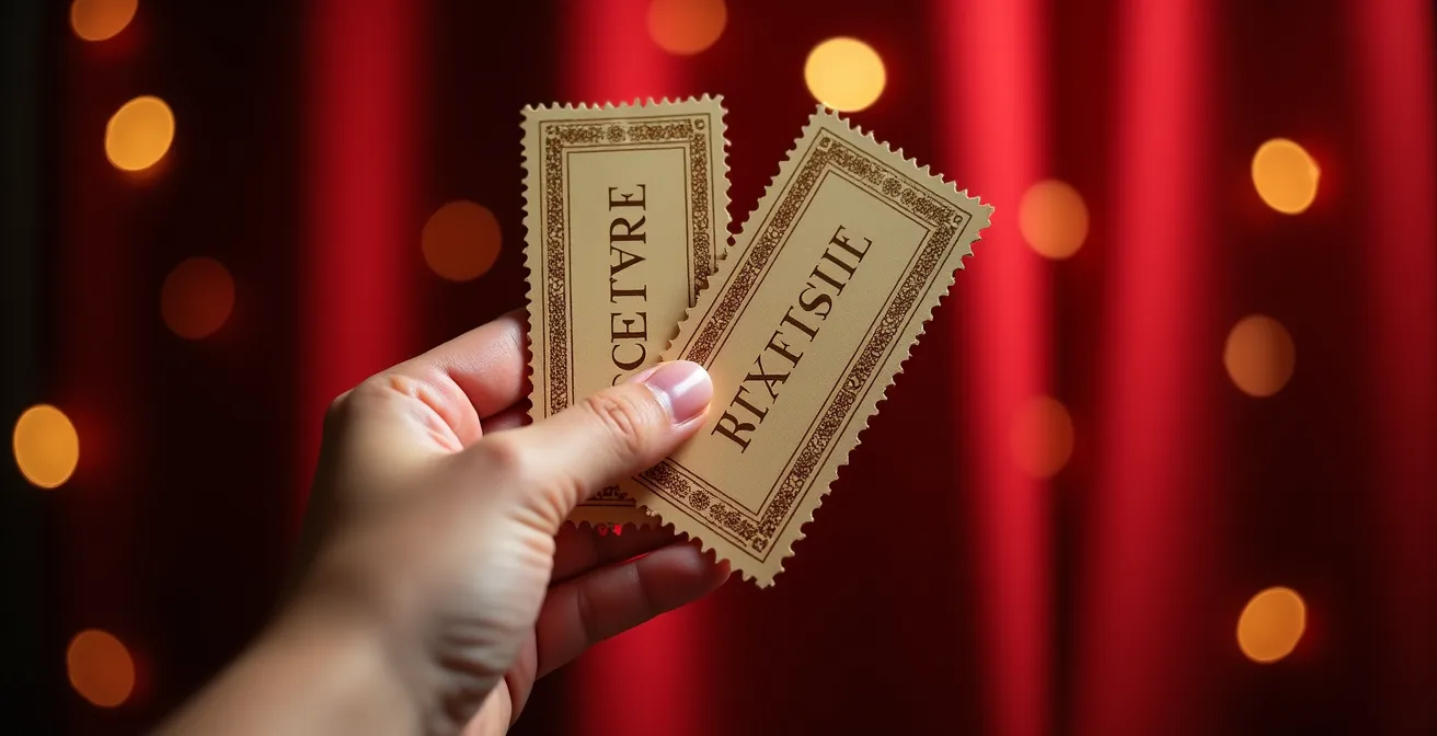 Des billets de spectacle tenus dans une main d'enfant avec des lumières de théâtre floues en arrière-plan
