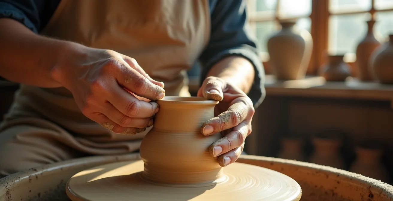 Mains d'artisan travaillant sur une création en céramique dans un atelier français lumineux avec des outils traditionnels