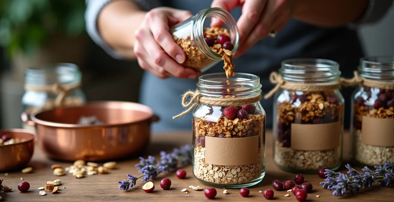 Gros plan sur des mains préparant des bocaux gourmands faits maison avec rubans et étiquettes kraft