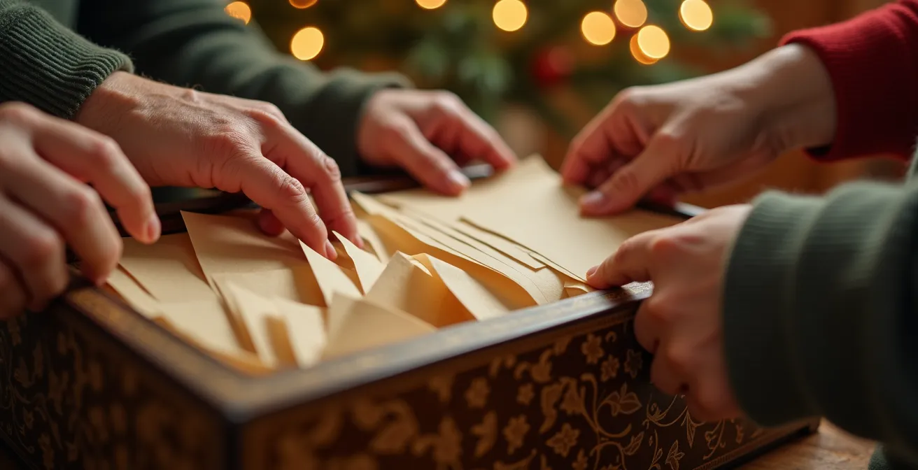 Mains de différentes générations déposant des papiers dans une boîte décorée pour la capsule temporelle de gratitude de Noël