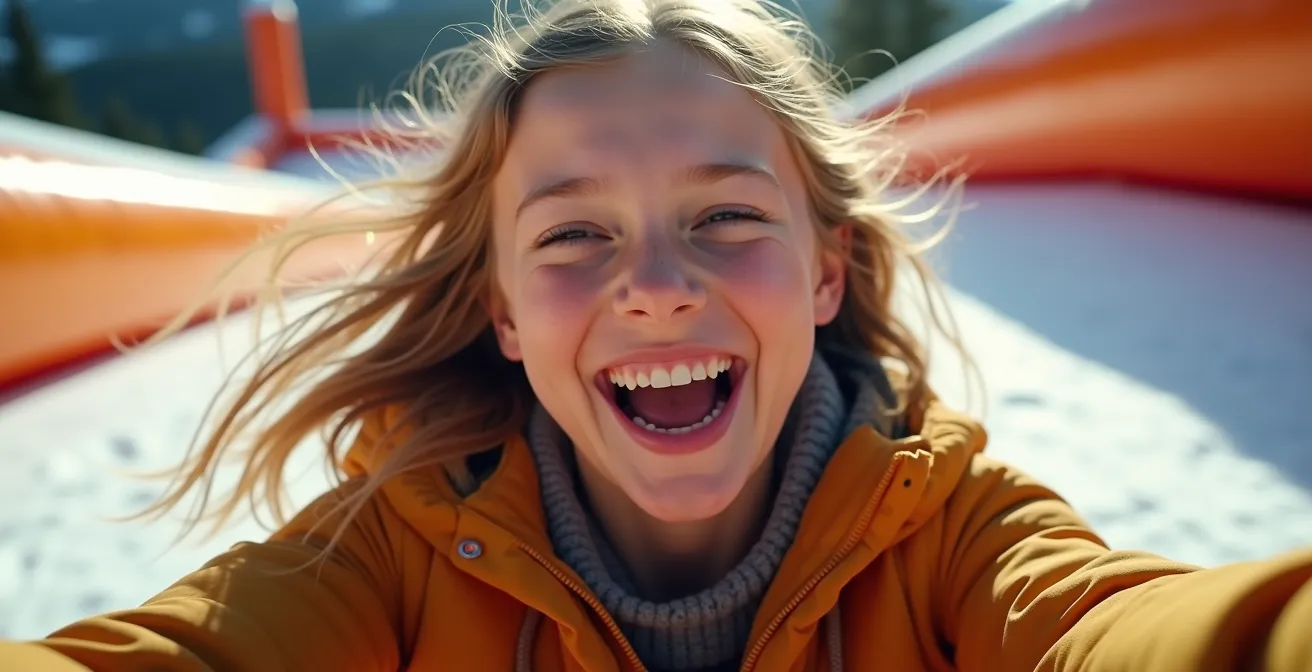 Portrait rapproché d'un visage rayonnant de joie pendant une descente en luge