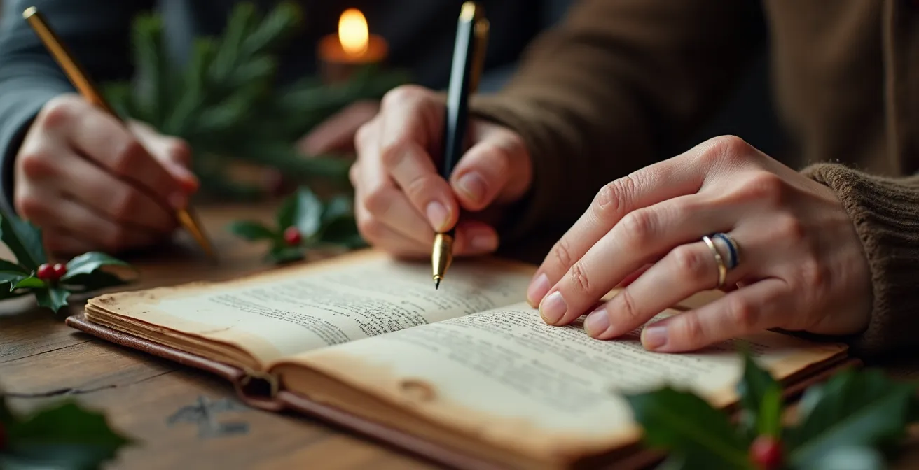 Mains de trois générations écrivant ensemble dans un carnet familial décoré pour Noël, symbolisant la transmission des traditions.