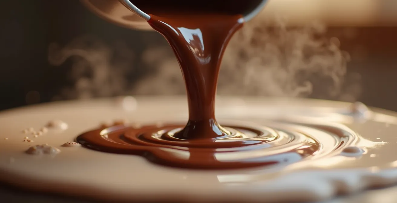 Préparation traditionnelle d'un chocolat chaud avec chocolat fondu et lait fumant