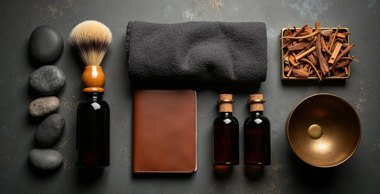 Arrangement minimaliste de produits de bien-être pour homme sur surface en béton et bois