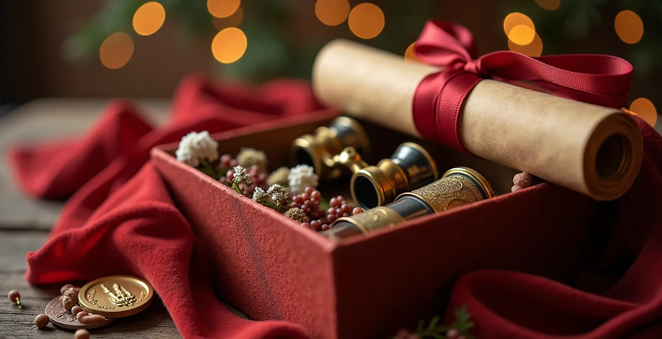 Coffret cadeau ouvert révélant des éléments culturels sans texte visible sur une table festive